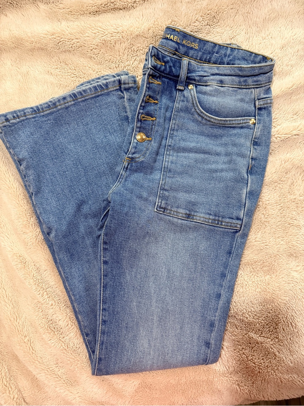 Michael Kors Mid Blue High-Rise Flare Jeans with Button-Fly